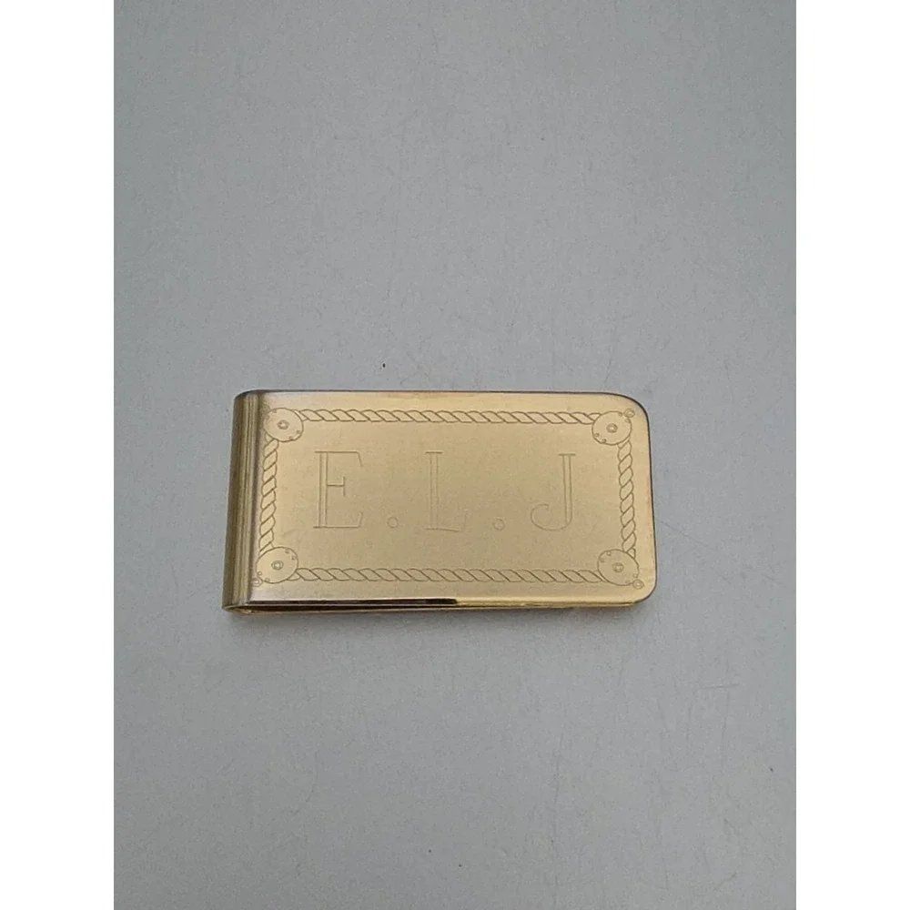 Vtg E.L.J. Monogramed Money Clip Credit Card Holder‎ Gold Plate FREE $HIPPING!!